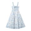 Kaslead New Arrival Women's Fashion Style Print Sexy Suspenders Midi Dress Lace-up Waist-Controlled Slim Looking Dress