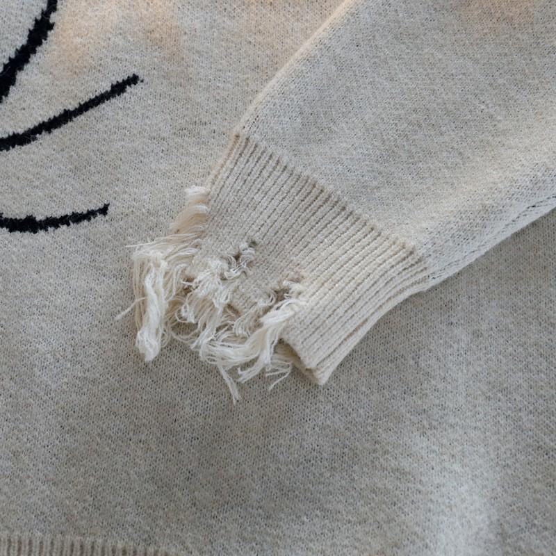Unisex Streetwear Knit Sweater With Distressed Design Jacquard Loose Fit Fall