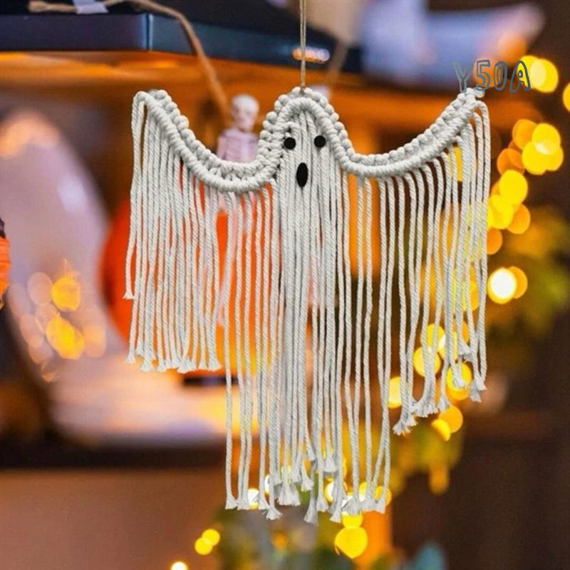 Halloween Handmade Woven White Ghost Tapestry Spooky Holiday Wall Hanging Decoration, Size S