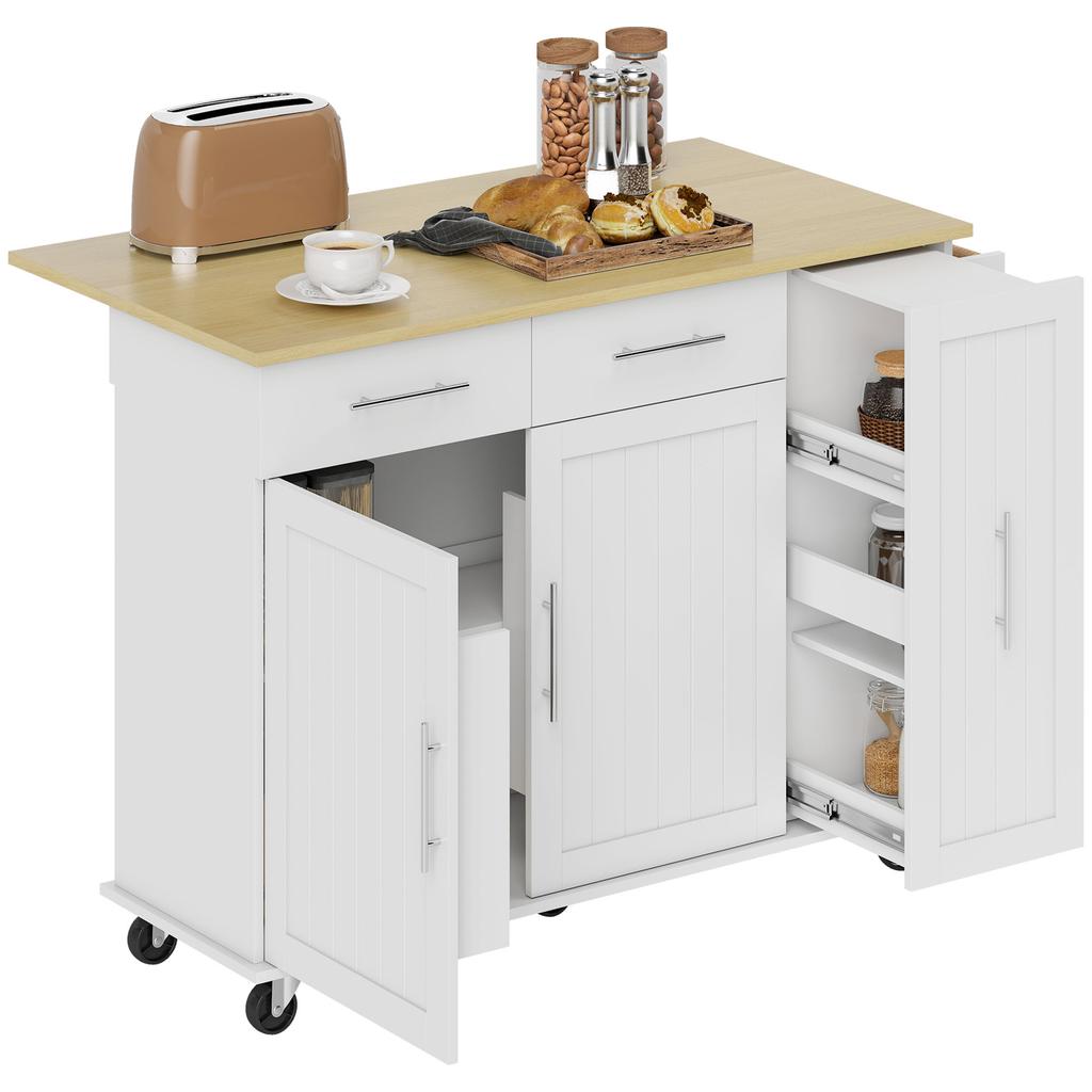 Island Central Kitchen With Foldable Tabletop Wheels 2 Drawers Soft Close Doors Towel Rack White
