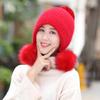 New High Quality Warm Hat Women Rabbit Fur Winter Hat Female Fashion Add Fur Lined Pompoms Knitted Hat
