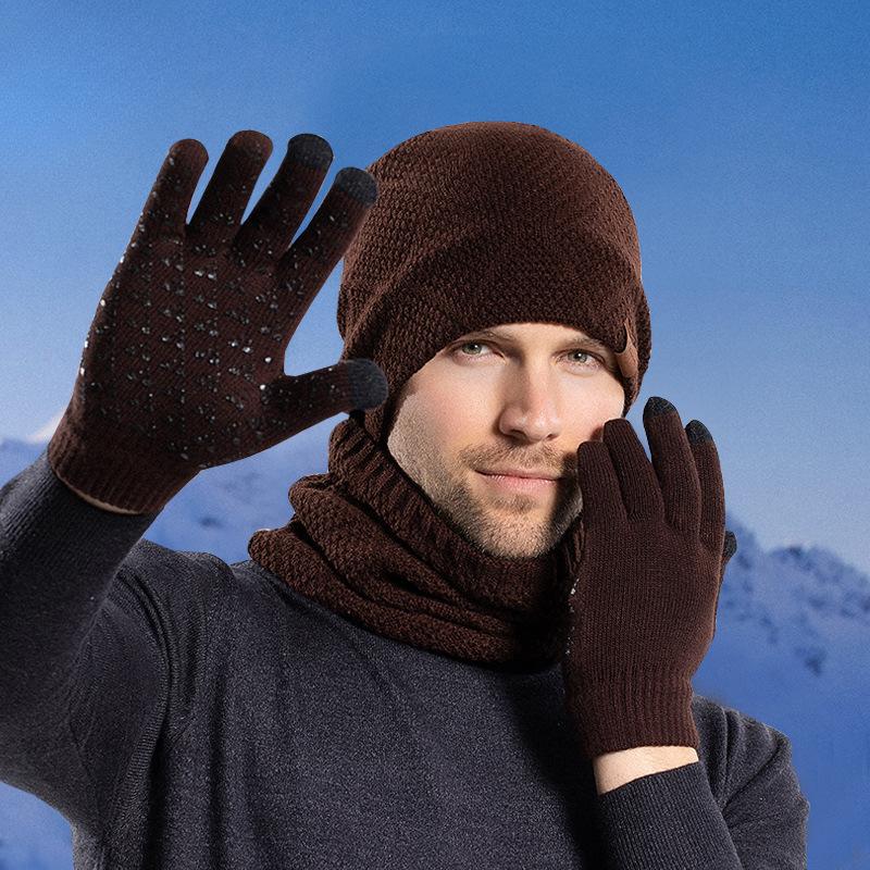 Winter Warm Hat Gloves Scarf Three-Piece Set Winter Men's Outdoor Cold Protection Fleece Knitted Woolen Cap