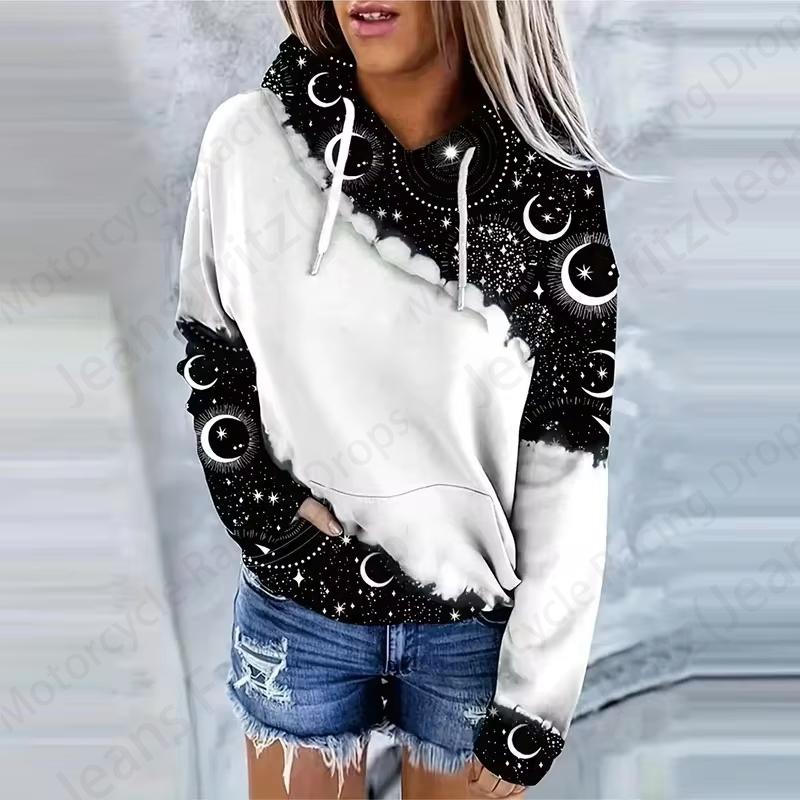 Moon Sun 3D Print Drawstring Hoodie Women Fashion Oversize Hoodies Women Sweats Long Sleeve Hooded Sweatshirt Women's Clothing