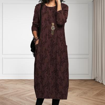 Женское платье весна-осень с круглым вырезом, длинными рукавами и боковыми карманами, свободное