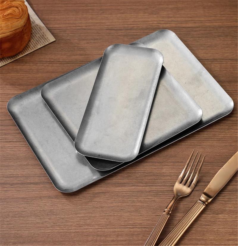 Ретро классика 304 нержавеющая сталь прямоугольная тарелка поднос для хранения кофейня барбекю обеденный сервиз тарелки и блюда обеденные тарелки