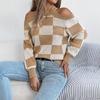 QICED Autumn and Winter Casual Off-the-shoulder, Color-blocking Checkered Lantern Long-sleeved Sweater Women's Wear