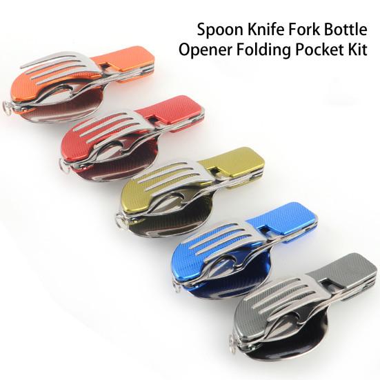 Camping Utensil with Key Ring 4-in-1 Stainless Steel Spoon Knife Fork Bottle Opener Folding Pocket Kit Travel Backpacking Cutlery Multitool