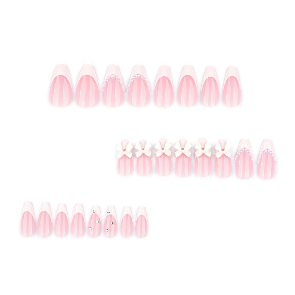 French Style Short Almond False Nails With Bowknot Pearl Rhinestone Decoration 24 Pieces