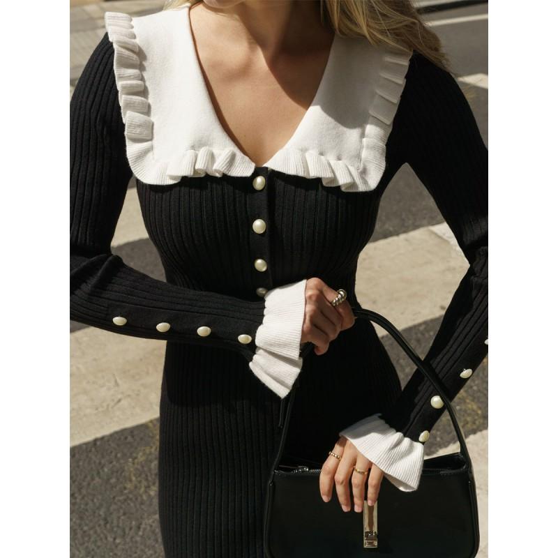 Womens Knit Midi Dress With Ruffled Collar High Waist Elegant French Vintage Style Long Sleeve Solid Color