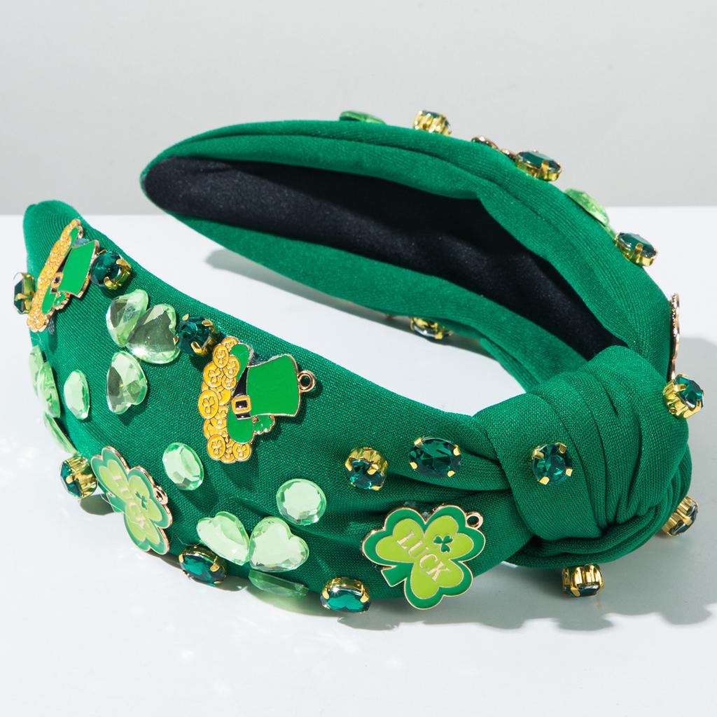 Women's Saint Patrick's Day Fashion White Green Fabric Clover Hair Accessories Rhinestone Headband Hat Accessories for Holidays
