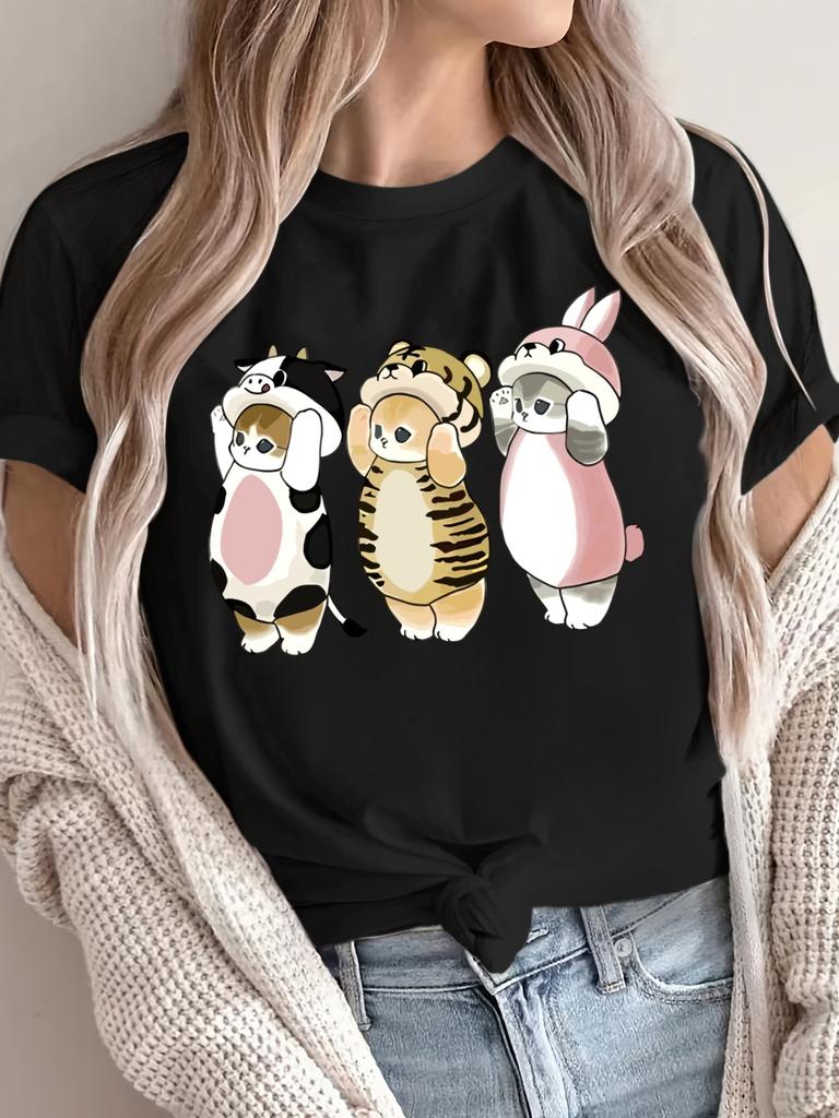 Женская милая футболка с коротким рукавом с мультяшным принтом животных, повседневного и спортивного дизайна, с очаровательным графическим изображением кошки, собаки, кролика и медведя