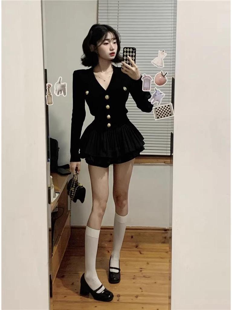 Chic V-neck Knit Cardigan & Midi Skirt Set - Women's Two-piece Outfit