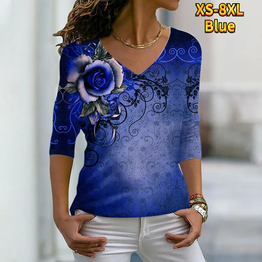 Женские осенние футболки с длинными рукавами с цветочным принтом «Роза на груди», свободные футболки с v-образным вырезом размера плюс, топы, удобная блузка