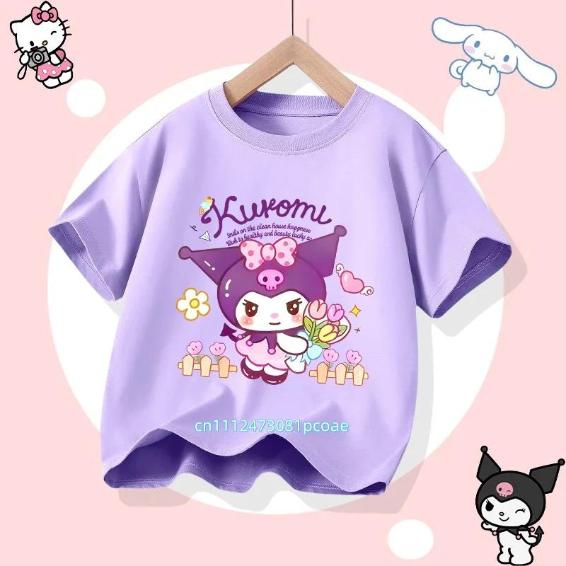Kuromi Children's Pure Cotton Short-Sleeved Girls' Casual Shirt - Summer T-Shirt with Cartoon Print- Three Little Monkeys Series