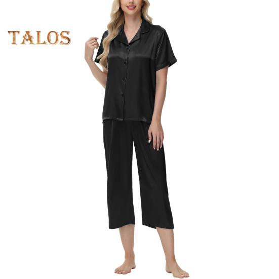 2 шт./комплект пижамы Ice Silk, рубашка с длинным рукавом и застежкой на пуговицы, эластичный пояс, широкие укороченные брюки, домашняя одежда, повседневный наряд, весенняя одежда для сна