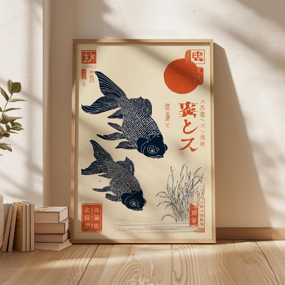 Japanese Fun Koi Fish Puffer Canvas Wall Art, Vintage Ukiyo-e Style Print, Home Izakaya Restaurant Decor-frameless