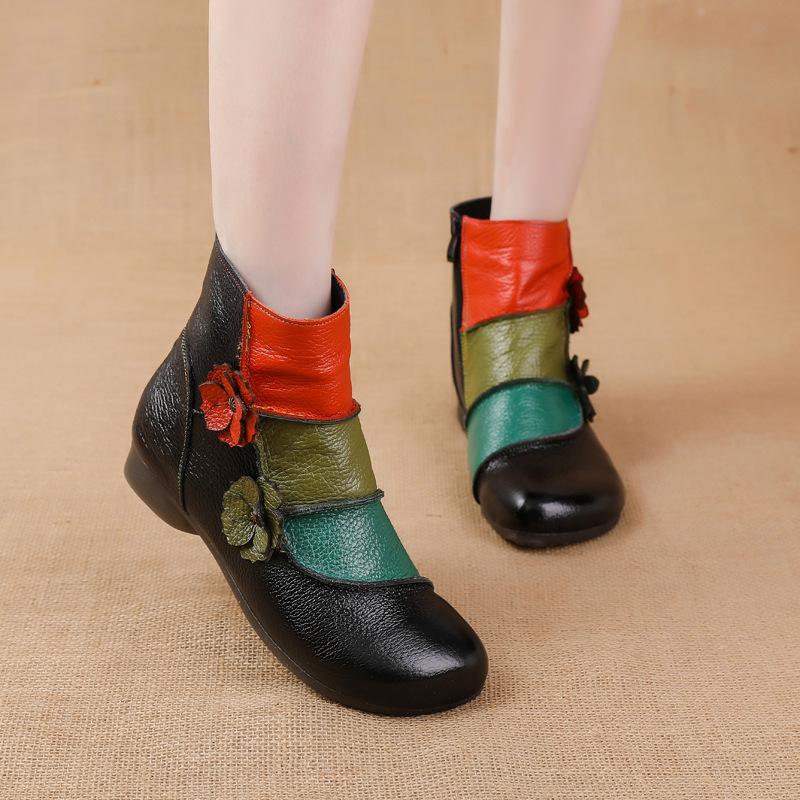 Warm Plush Ankle Boots Women's Luxury  Shoes Genuine Leather Booties Woman Designer Patches Boho Boots Ladies Chic Shoes