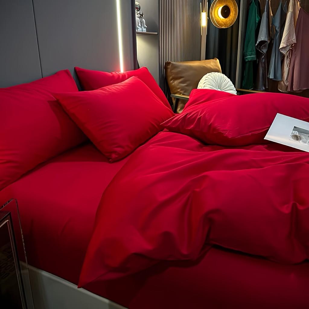 Большой красный комплект свадебного постельного белья из четырех предметов, стиранный хлопок, простой однотонный пододеяльник