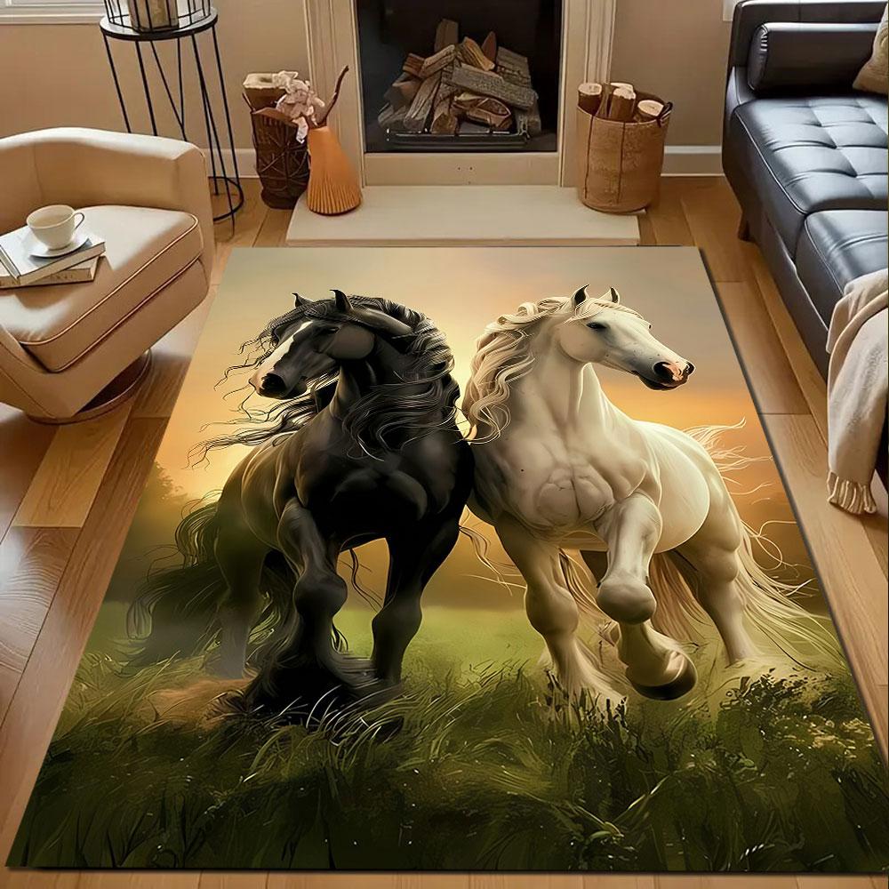 Black and White Horses in Sunset Meadow Patterned carpet, non slip mat suitable for living room and bedroom sofas