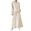 2 Pcs/Set Women Top Pants Suit Round Neck Long Sleeves Textured Solid Color Sweatshirt Elastic Waist Wide Leg Trousers Daily Wear Sport Outfit