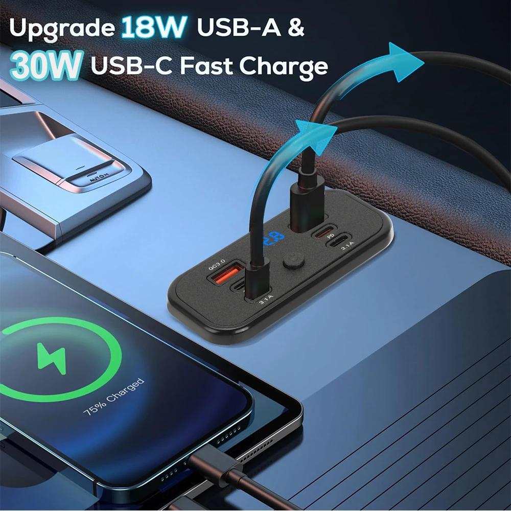 Автомобильное зарядное устройство 4/6 портов 112 Вт, двойной USB-A 18 Вт, PD3.0, QC3.0, розетка, адаптер питания с быстрой зарядкой и вольтметром, переключатель для 12 В/24 В, для автомобиля, фургона, грузовика, лодки