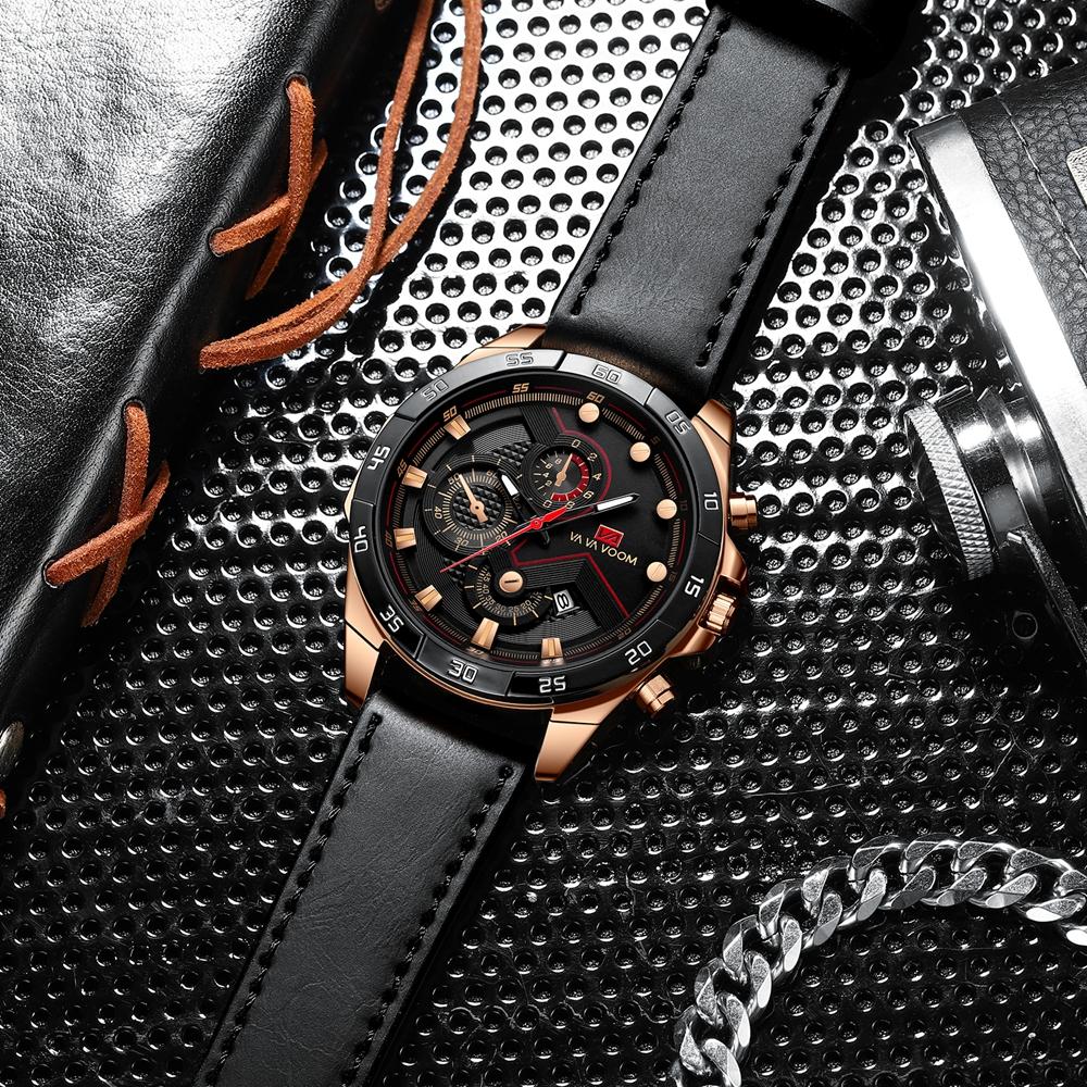 VA VA VOOM Спортивные часы для мужчин, модные кварцевые часы, лучший бренд класса люкс в стиле милитари, водонепроницаемые наручные часы из нержавеющей стали с хронографом и кожаным ремешком