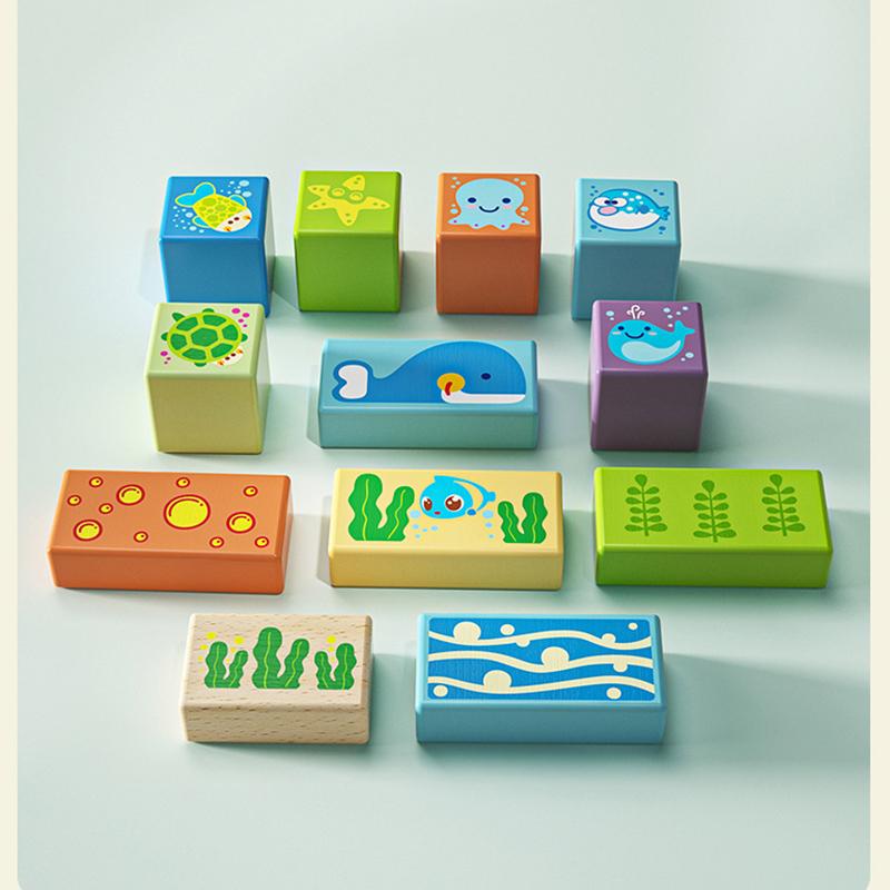 Iwood Boys and Girls Sea Animals Barrel Building Blocks/Wooden Large Particles of Intellectual Toys for 1-3 Years Old Children's Day Birthday Gift