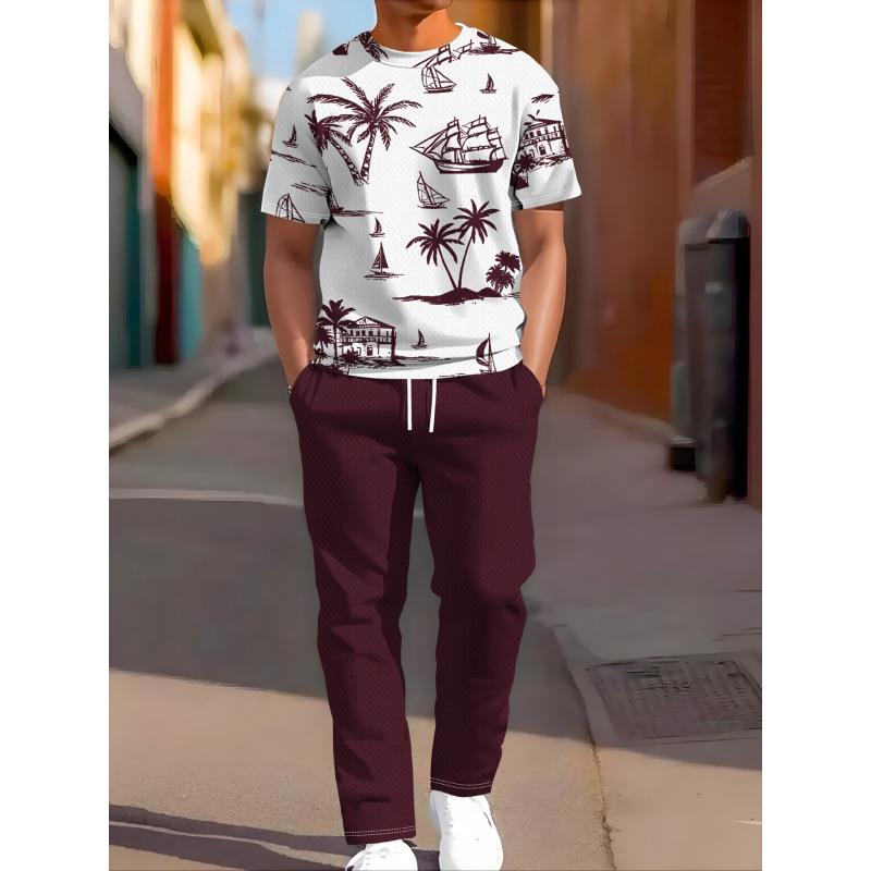 European & American Casual Sports Printed Two-piece Set: Short-sleeve Long Pants