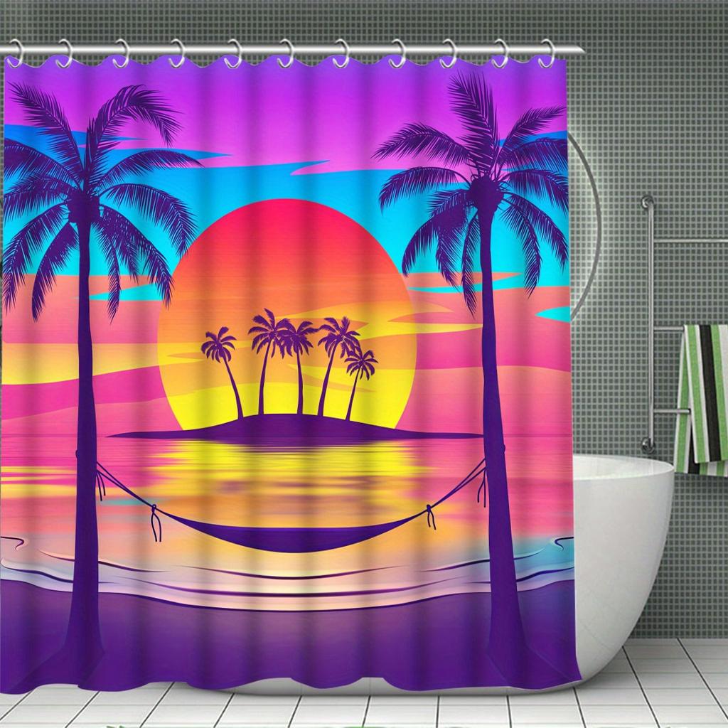 Coconut Tree Decorative Shower Curtain Bathroom Set - Machine Washable, With 12 Hooks, Including Toilet Seat Cover And Bathtub