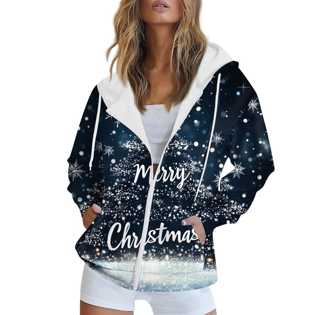 Женская рождественская печатная толстовка осень-зима с длинным рукавом кардиган куртка с карманами на молнии толстовка с капюшоном верхняя одежда