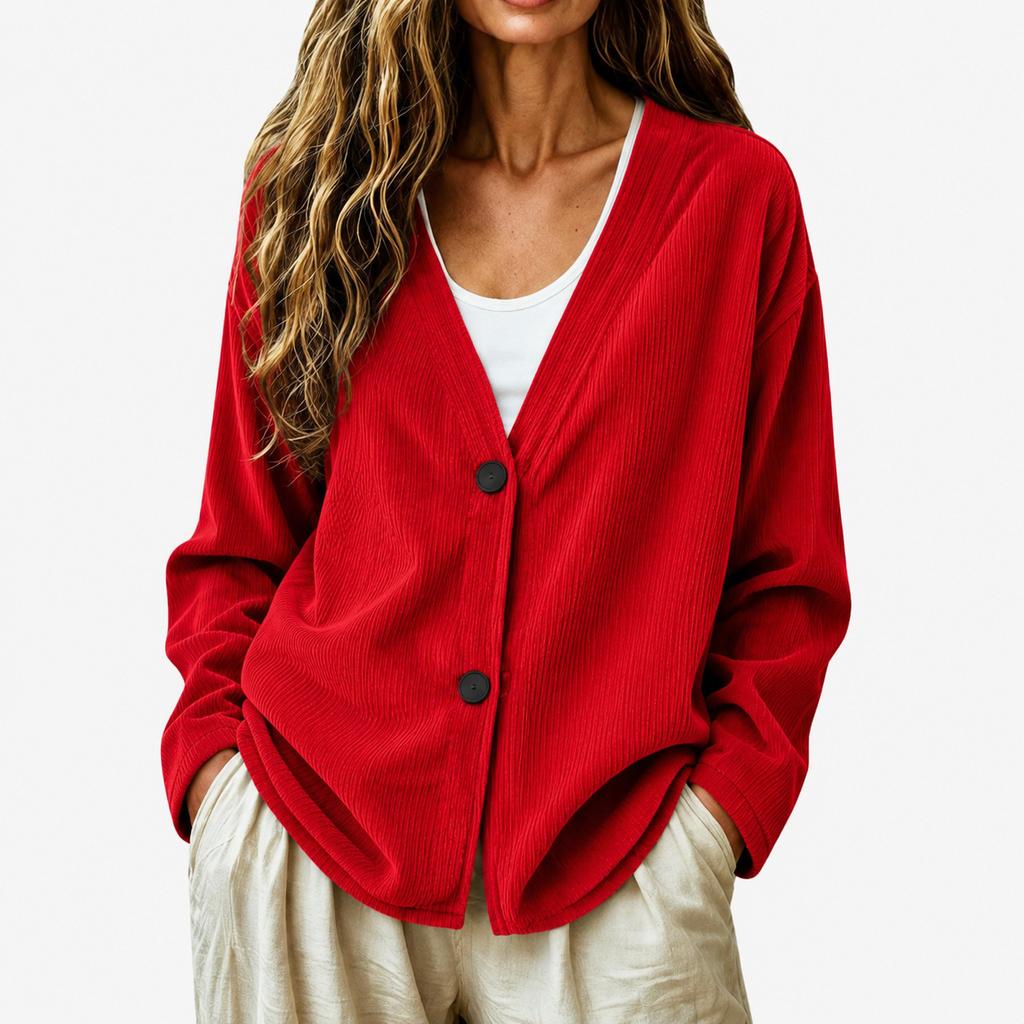 Women S Corduroy V Neck Cardigan Long Sleeve Two Button Solid Casual Outerwear