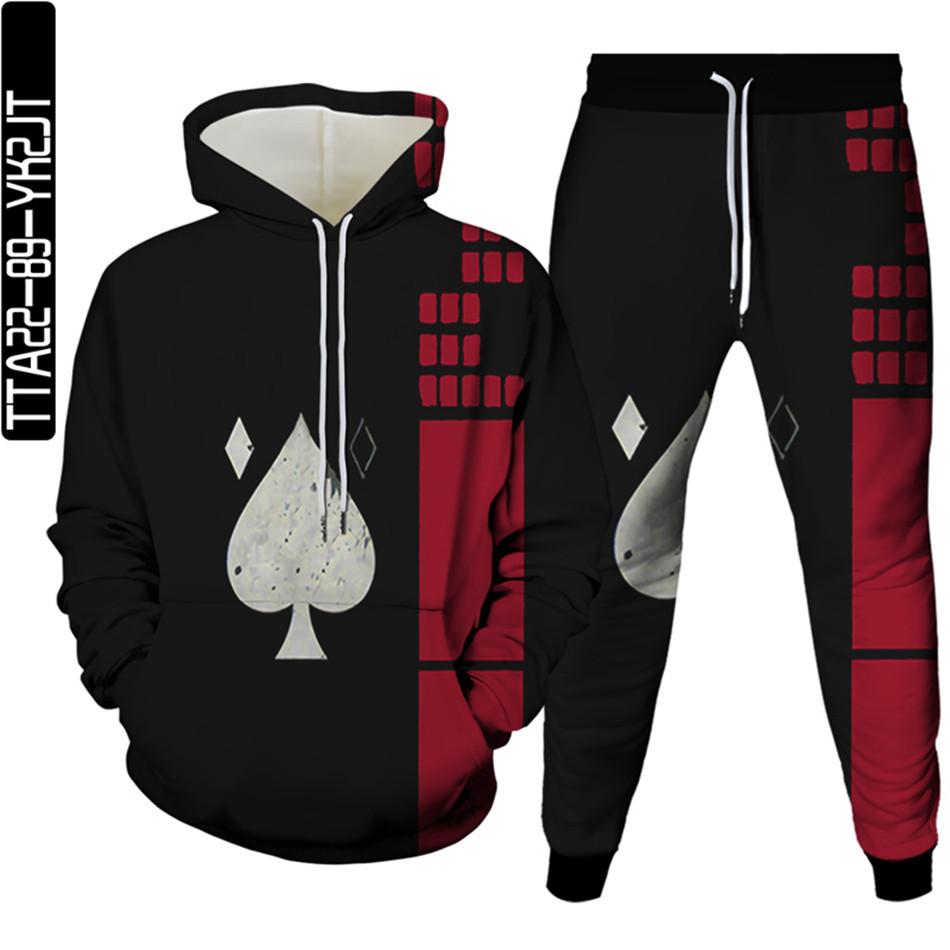Мужская уличная модная одежда с покерным рисунком и 3D принтом, спортивный костюм Homme, комплект из 2 предметов, толстовки, спортивные штаны большого размера, S-6XL