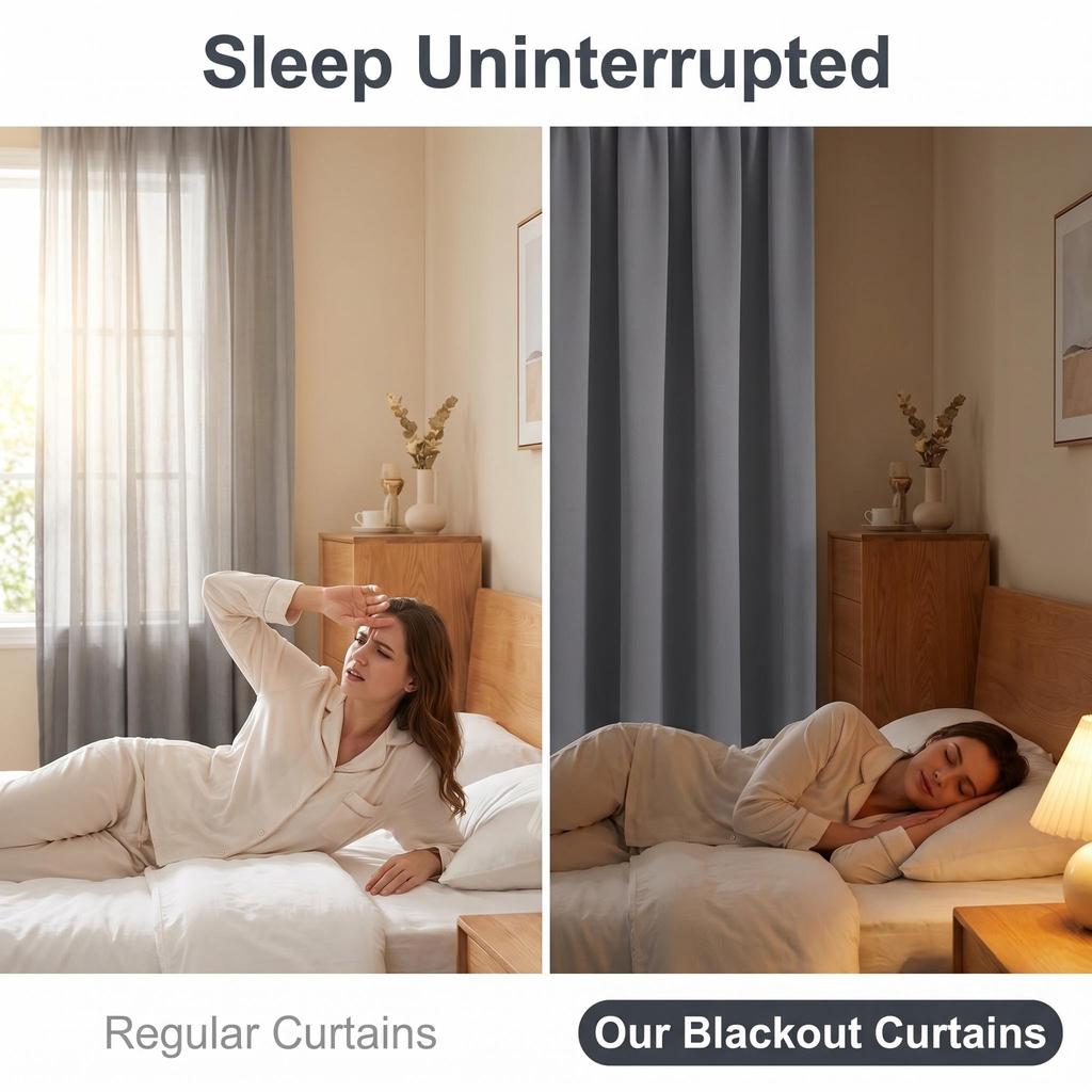 100% Full Blackout Curtains, Double Layer with Black TPU Lining Thermal Insulated Rod Pocket Drapes for Bedroom, Living Room