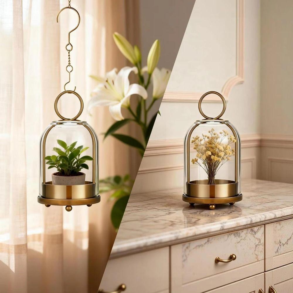 Glass Dome Brass Metal Candle Holder Modern Pillar Candle Stand Hanging Decor