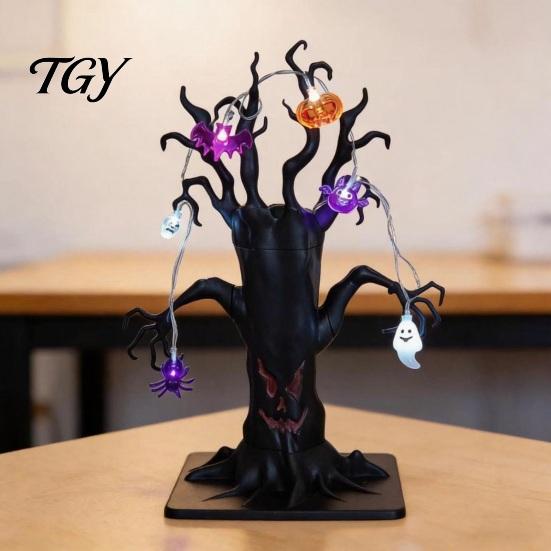 Halloween Themed Showcase Decor Lighted Spooky Dead Tree Tabletop Decor, Ghost Face Haunted Light Up for Party with Pumpkin Spider LED String Lights,