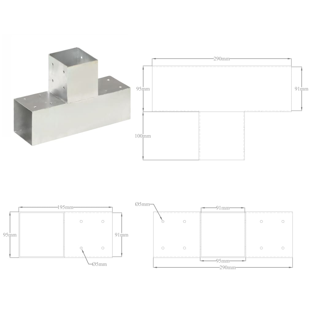 Post Connectors 4 pcs T shaped Galvanized Metal 91 x 91 mm