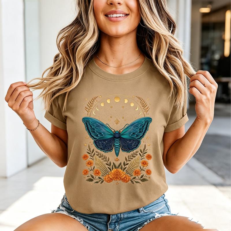 Moth and Moon Graphic Print Tees for Unisex and Unisex Vintage Style Short Sleeve TShirts