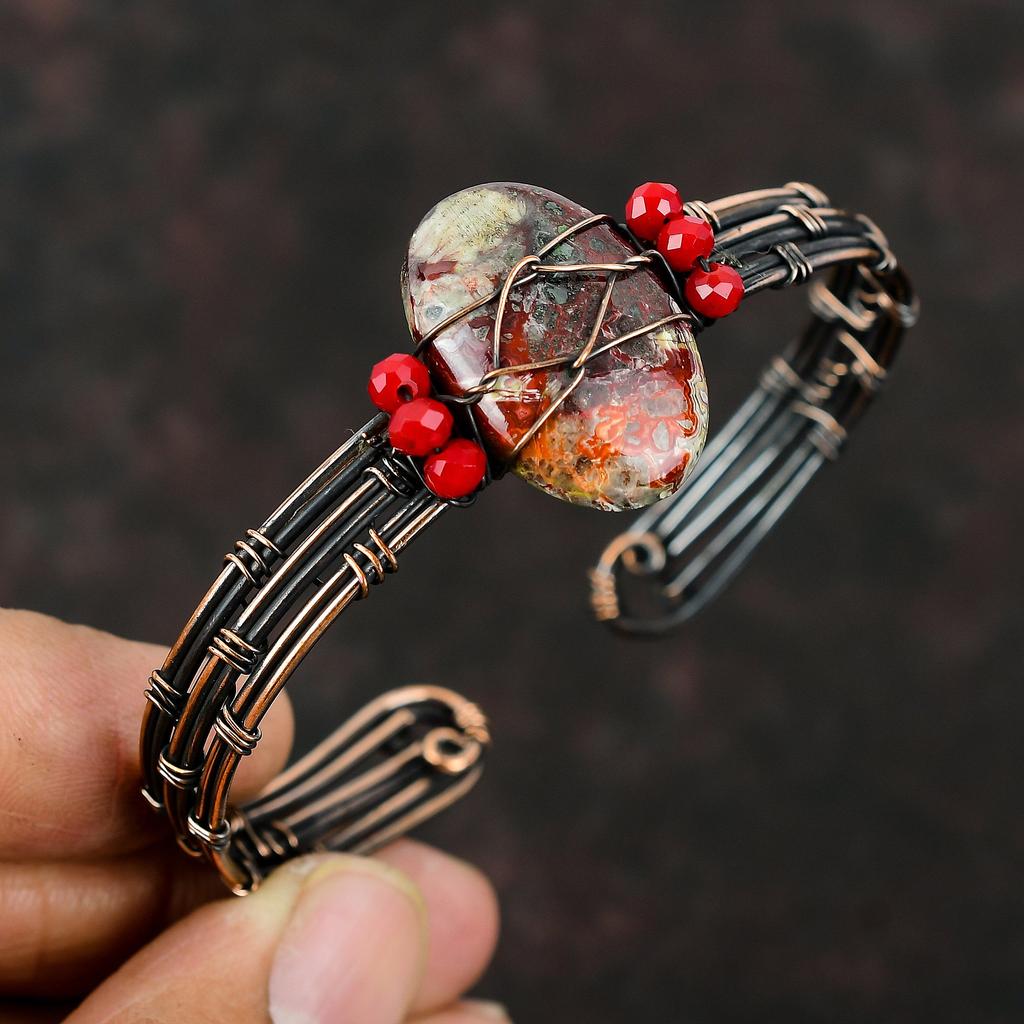 Браслет из мексиканской лагуны с кружевным агатом и медью, красные коралловые бусины, манжета, обмотанная медной проволокой, регулируемый браслет, обмотанный проволокой, браслет ручной работы
