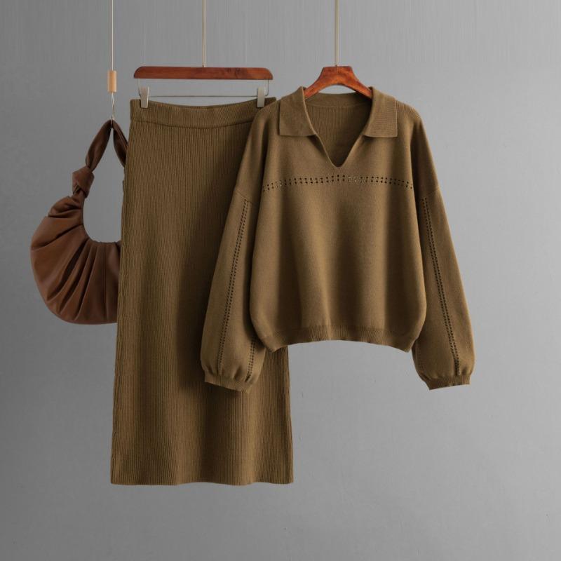Autumn and Winter New Knit Sweater Set POLO Collar Ladies Simple Trend V-neck Solid Color Loose Slim Dress