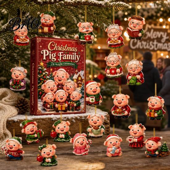 Holiday Tree Hanging Charms Piggy Family Advent Calendar, 2D Flat Acrylic 24 Days Christmas Ornaments Ornaments, Decorative Countdown Gift Box