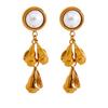 Yhpup Vintage Stainless Steel Metal Flower Drop Dangle Earrings Fashion Imitation Pearl Temperament Charm Stylish Golden Jewelry