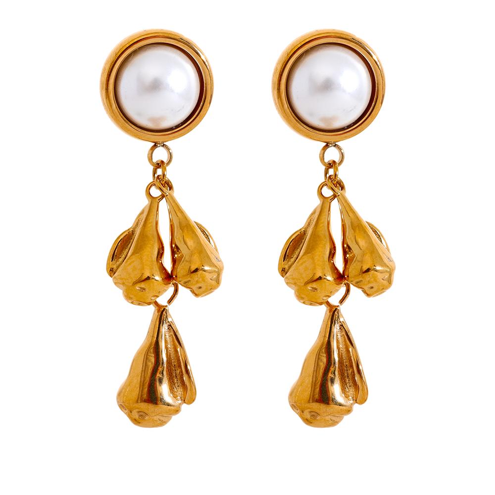 Yhpup Vintage Stainless Steel Metal Flower Drop Dangle Earrings Fashion Imitation Pearl Temperament Charm Stylish Golden Jewelry