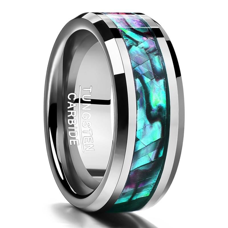 Trendy 8mm Black Tungsten Wedding Stainless Steel Rings For Men Inlay Colorful Abalone Shell Ring Men Wedding Band Jewelry