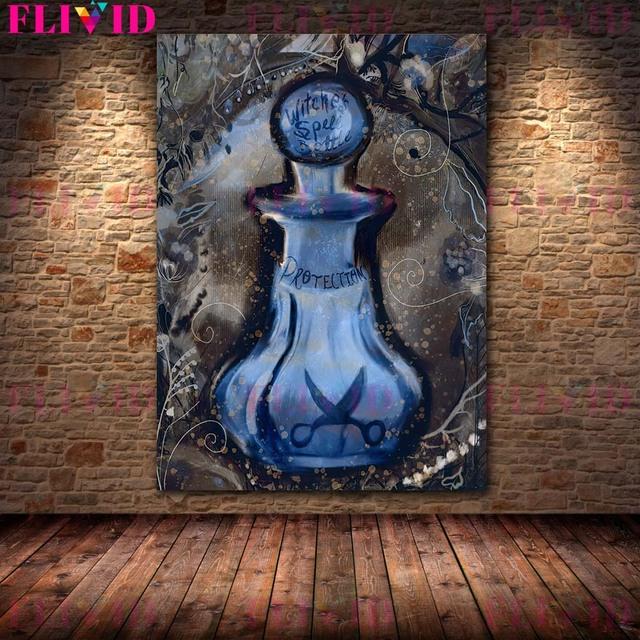 Искусство ведьмы и луны, печать плакатов, летающая ведьма, метла, настенное искусство, полнолуние, ведьма и бутылка с заклинаниями, холст, искусство