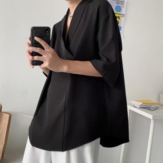 Мужская летняя рубашка с v-образным вырезом, свободная мешковатая однотонная мягкая хип-хоп рубашка с короткими рукавами, мягкий дышащий повседневный пуловер, уличная одежда, топ для стилиста