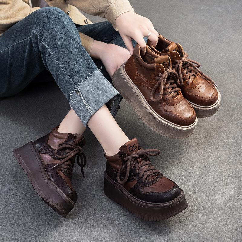 GKTINOO 2024 Spring New Genuine Leather Flat Platform Shoes Retro Round Toe Lace-up Women's Thick Sole Elevated Shoes