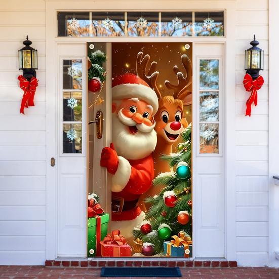 Рождественское украшение на дверь, забавный баннер с Санта-Клаусом для подвешивания на входную дверь, с надписью «Счастливого Рождества», зимний фон, вывеска для крыльца для внутреннего праздничного декора