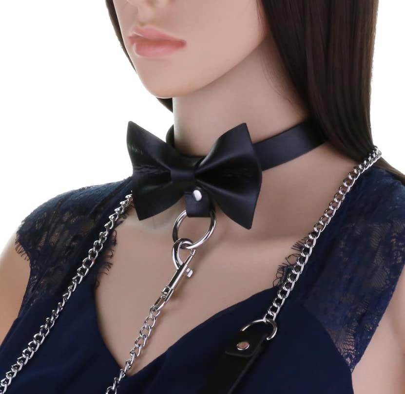 DOKiDOKi Ribbon Collar and Leash for Human Cosplay SM SM Choker (Silver) - Master/Slave/Cat Costume, Goods, Restraints, Handcuffs, Cosplay, Collar,