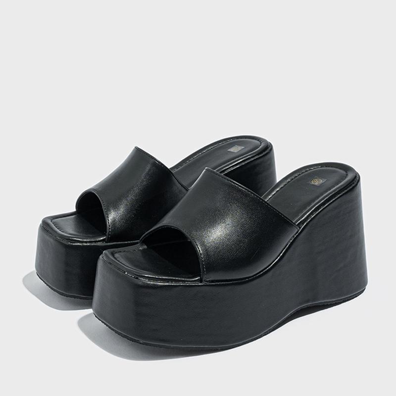 Liyke Designer Open Toe Wedges Slippers For Women Cozy Soft Pink Leather Chunky Platform Sandals Female Shoes High Heels Slides