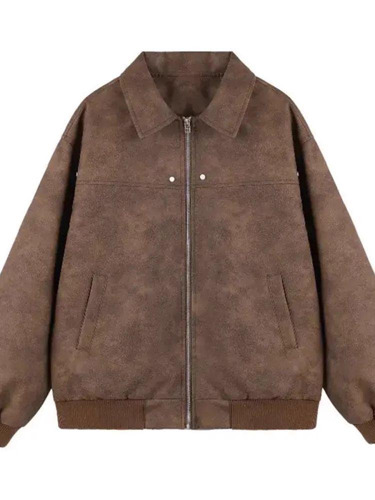 Женская куртка из высококачественной американской ретро-кожи коричневого цвета - Модная осенне-зимняя свободная парная верхняя одежда